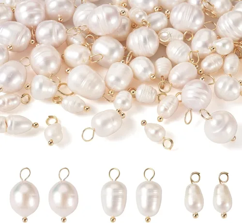 Miniatura 12 de Pandahall - 50 dijes de perlas de agua dulce plateadas, conectores colgantes de perlas naturales y eslabones en forma de arroz con lazo para mujer