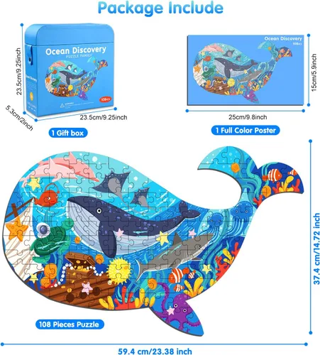 Miniatura 5 de Rompecabezas para niños de 4 a 8 años, 108 piezas de cartón en forma de ballena para amantes de los animales, caja y póster de rompecabezas de piso