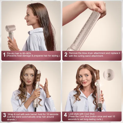 Miniatura 8 de Mythsight StyleVibe 6-en-1 secador de aire, secador de pelo y cepillo secador de pelo con estuche de viaje - Rulos de enrollado automático (L/R)