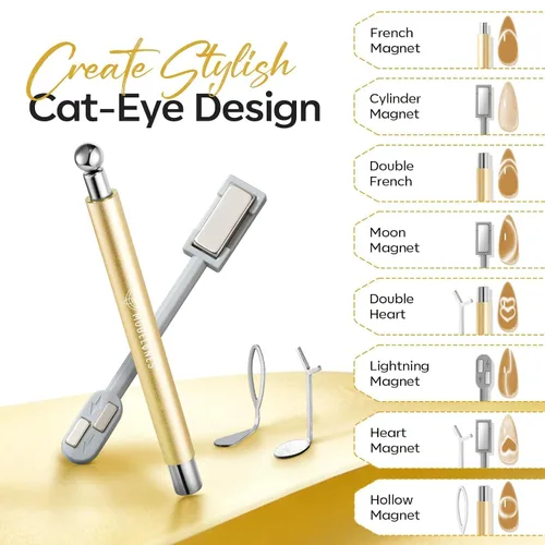 Miniatura 5 de modelones Juego de imanes de ojo de gato, 5 bolígrafos magnéticos de uñas 3 en 1 de doble cabeza con forma de corazón, relámpago y bola para esmalte