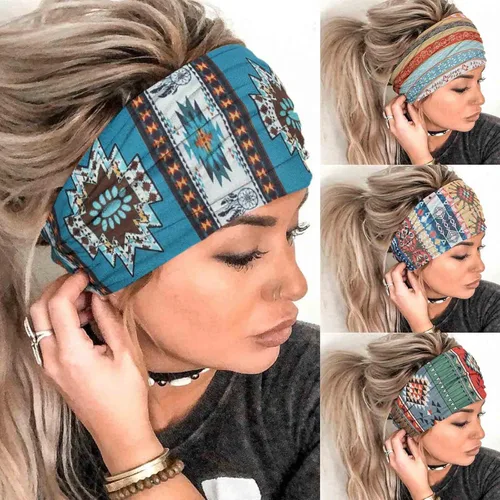 Miniatura 12 de Olbye Diademas bohemias anchas elásticas y antideslizantes para mujer y niña - para entrenamiento, yoga, correr, banda para el sudor, pañuelos