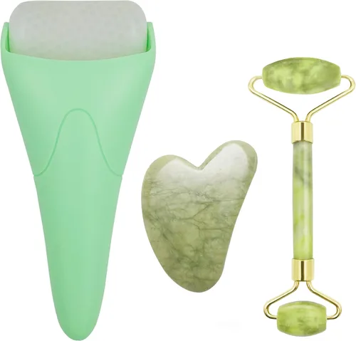 Miniatura 12 de Rodillo de jade de hielo facial 3 en 1 y herramienta Gua Sha, 100% natural de jade real, antiarrugas, herramienta masajeadora de cuello
