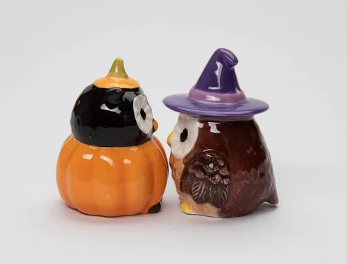 Miniatura 2 de Juego de salero y pimentero de cerámica fina para Halloween, búho bruja y calabaza, 2-7/8 pulgadas de alto