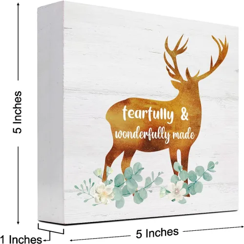 Miniatura 2 de Fearfully and Wonderfully Made - Letrero de madera cristiana para escritorio, decoración de escritorio de ciervos del bosque, caja de madera, placa