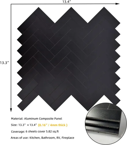 Miniatura 2 de Azulejos para Salpicadero de Cocina de 6 Hojas Despegar y Pegar, Panel Compuesto de Aluminio con Patrón Espiga Negro, Azulejos Adhesivos para Pared