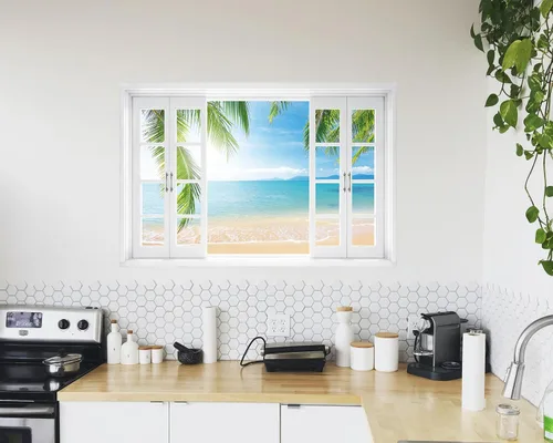 Miniatura 5 de FLFK Calcomanía de pared falsa para ventana, diseño de vista tropical del océano para despegar y pegar, 24 x 16 pulgadas