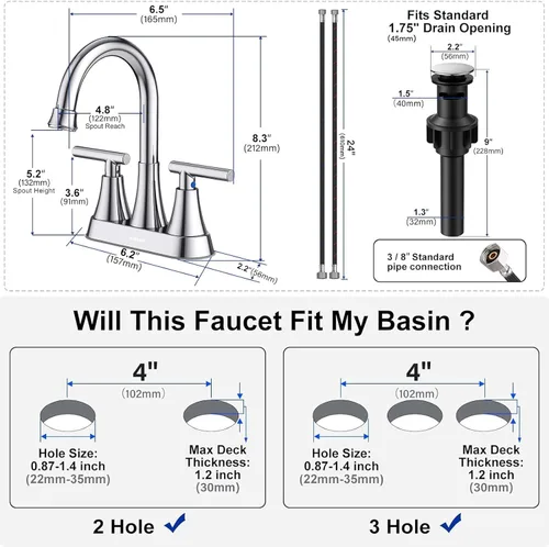 Miniatura 5 de Hurran - Grifos de baño para lavabo de 3 agujeros, grifo de lavabo de baño cromado de 4 pulgadas con desagüe emergente y mangueras de suministro