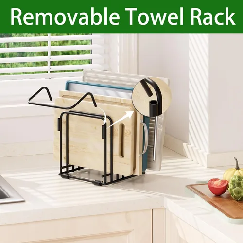Miniatura 3 de Organizador de tabla de cortar, estante de almacenamiento de cocina de acero con 5 ranuras para tablas de cortar, bandejas para hornear, toallas