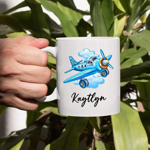 Miniatura 5 de Taza de café de avión personalizada con nombre de los niños, taza de café de avión personalizada de 11 onzas y 15 onzas, taza de cerámica blanca
