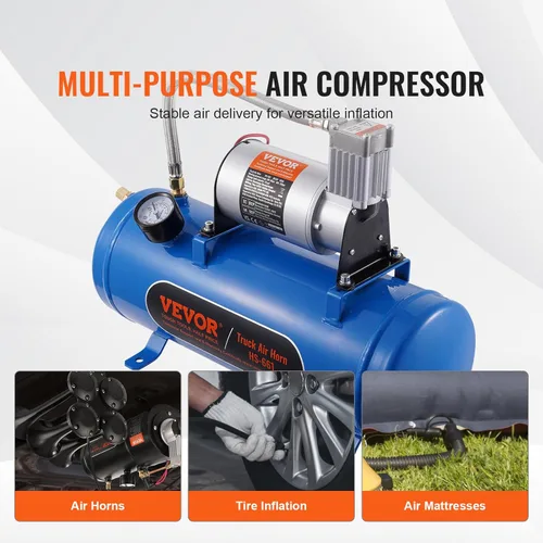 Miniatura 4 de VEVOR Compresor de aire de 12 V con tanque de 1.6 galones, compresor de bocina de tren, presión de trabajo de 120 psi, neumáticos inflados, Azul