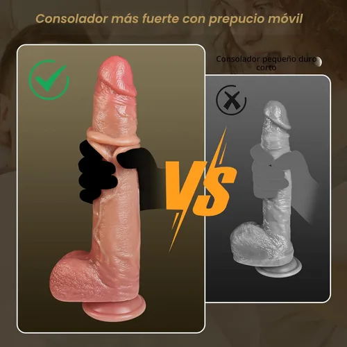 Miniatura 6 de Juguetes sexuales de 9.8 pulgadas con prepucio móvil para adultos, consolador de silicona de color carne para estimulación clitorial vaginal/anal