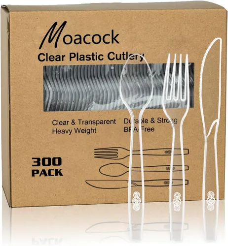 MOACOCK Juego de cubiertos de plástico transparente de 300 unidades, tenedores, cucharas y cuchillos de plástico pesado desechables para suministros