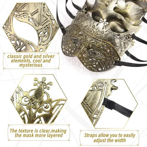 Miniatura 3 de Yunsailing 40 máscaras venecianas antiguas vintage para hombres y mujeres, para desfile, fiesta, actuación, bar, carnaval (dorado)