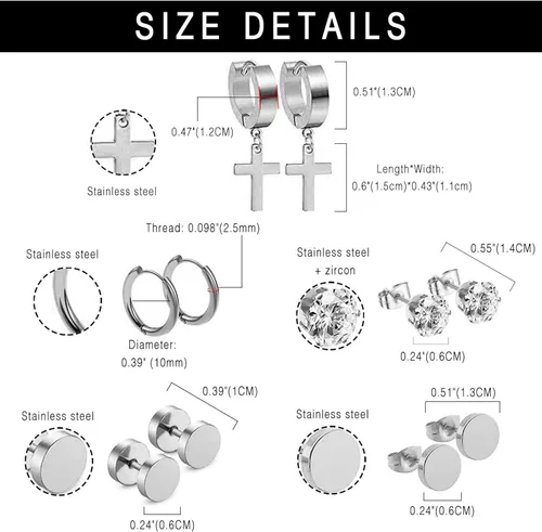 Miniatura 2 de 341518 pares de aretes para hombre, kit de aretes de acero inoxidable para hombres y mujeres, joyería de moda, aretes de aro colgantes de cruz