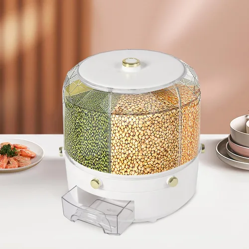 Miniatura 4 de Dispensador de arroz, 6 rejillas, recipientes de almacenamiento de alimentos secos, dispensador de cereales giratorio de 360° para organización de 6