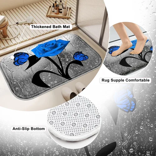 Miniatura 4 de Poedist Juego de 4 cortinas de ducha de baño, juego de cortina de baño con rosas azules, juegos de cortinas de ducha con alfombras