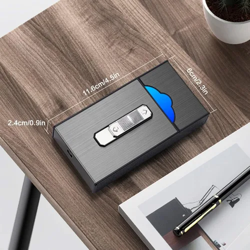 Miniatura 7 de Caja de cigarrillos de aluminio con encendedor eléctrico, encendedor USB recargable, regalo para mujeres, hombres, padre, madre (negro)