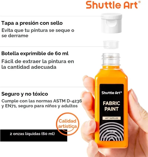 Miniatura 2 de Shuttle Art Pintura para tela, 18 colores de pintura para tela suave permanente en botellas (60ml/2oz) con pinceles, paleta, plantillas, pintura