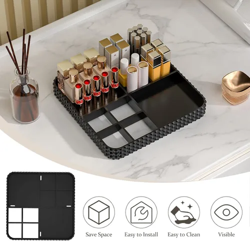 Miniatura 4 de Organizador de maquillaje giratorio con soporte para brochas de maquillaje, organizador de perfumes de gran capacidad para encimera de tocador, Negro