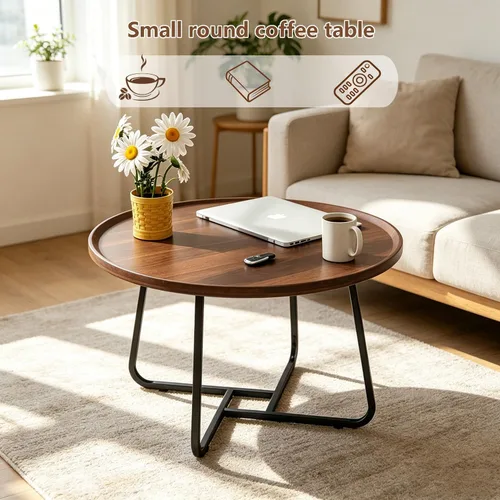 Miniatura 3 de Mesa auxiliar redonda pequeña, superficie de madera y patas de metal resistentes con estriado, mesa auxiliar para sala de estar, dormitorio