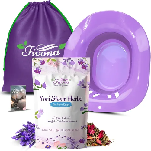 Fivona Yoni - Kit de vapor 3 en 1 paquete de asiento de vapor expandible para bolsa de almacenamiento de inodoro y mezcla de hierbas de luna azul