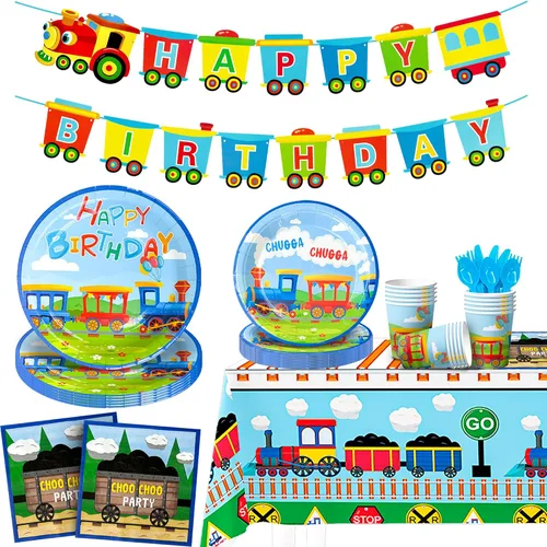 Suministros para fiesta de cumpleaños de tren, juego de vajilla de 128 piezas para decoración de fiesta de tren, platos y tazas, servilletas, tren,