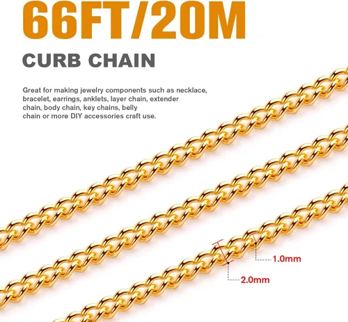 Miniatura 3 de [66 pies/20M] Cadena de bordillo de acero inoxidable chapada en oro de 18 quilates, 2mm, acero inoxidable 304, eslabones trenzados planos, cadenas