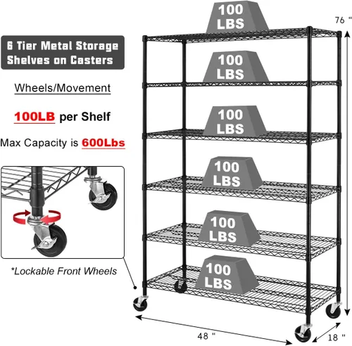 Miniatura 5 de Estantería de alambre resistente de 6 niveles, capacidad de 6000 libras, estante de almacenamiento de metal NSF ajustable con ruedas, 48 pulgadas