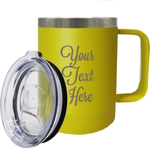 My Personal Memories Taza de café personalizada de 15 onzas con aislamiento térmico y asa y tapa, monograma y grabado con tu texto (amarillo)