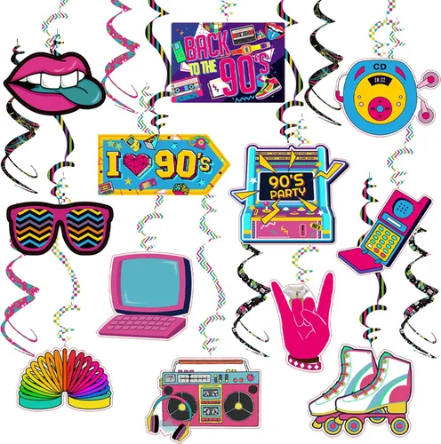 Decoraciones de fiesta temática de los años 90, fiesta colorida de los años 90, hip hop, fiesta de cumpleaños, remolinos colgantes, decoración de