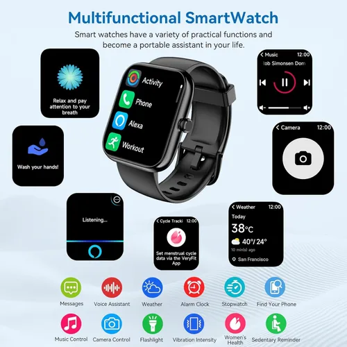 Miniatura 6 de Reloj inteligente con Alexa integrado, rastreador de salud HD de 1.83 pulgadas, llamadas/notificaciones Bluetooth, más de 120 modos deportivos, Negro