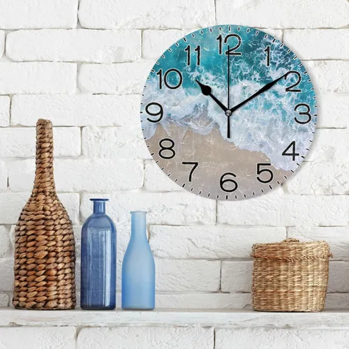 Miniatura 3 de ALAZA Reloj de pared con ondas de playa, funciona con pilas, sin tictac, de cuarzo, analógico, rústico, rústico, reloj redondo, decoración retro