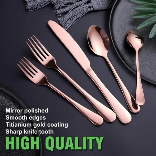 Miniatura 5 de OGORI - Juego de cubiertos de acero inoxidable de 40 piezas de cobre y oro rosa, juego de utensilios de cocina para 8, vajilla pulida con espejo