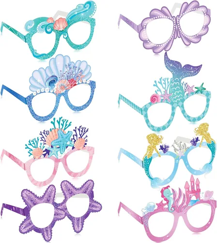 Miniatura 7 de Tenare 24 piezas de decoración de fiesta de sirena, lentes de papel con temática de sirena bajo el mar, verano, playa, fotomatón, accesorios