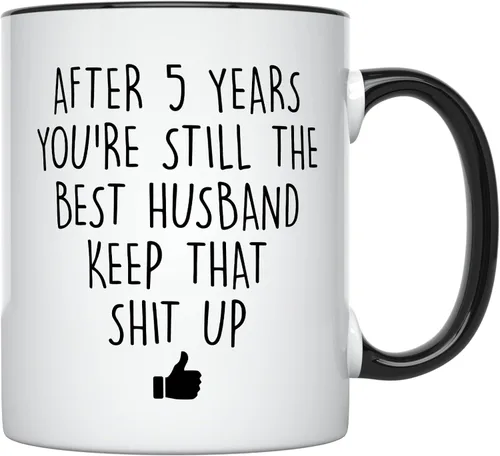 YouNique Designs Taza de café de aniversario de 5 años para él, 11 onzas, taza de aniversario de boda para marido, taza de café de cinco años de
