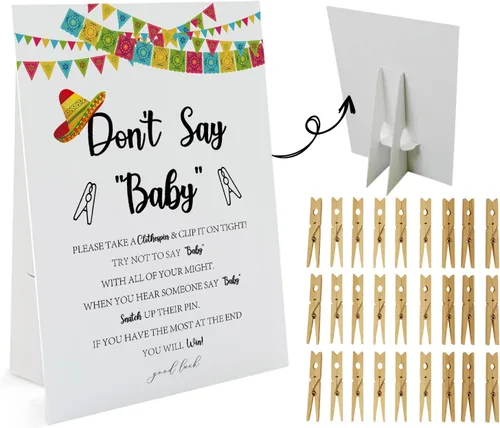 Fiesta Don't Say Baby Game (1 letrero y 50 mini pinzas naturales) Juego de Don't Say Baby Shower, decoraciones de baby shower, juegos de baby