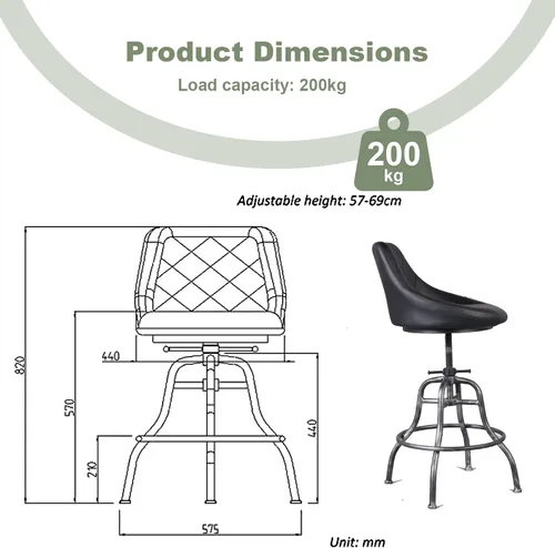 Miniatura 2 de Diseño industrial Metal Altura ajustable PU Respaldo Silla Vintage Bar Taburete Negro Asiento de cuero