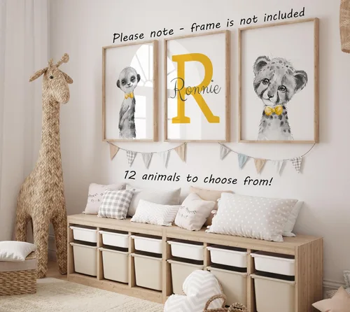 Miniatura 4 de Juego de 3 pósteres de animales de safari para niños, habitación del bebé, sin marco, con nombre personalizado, corbatín azul, verde, amarillo