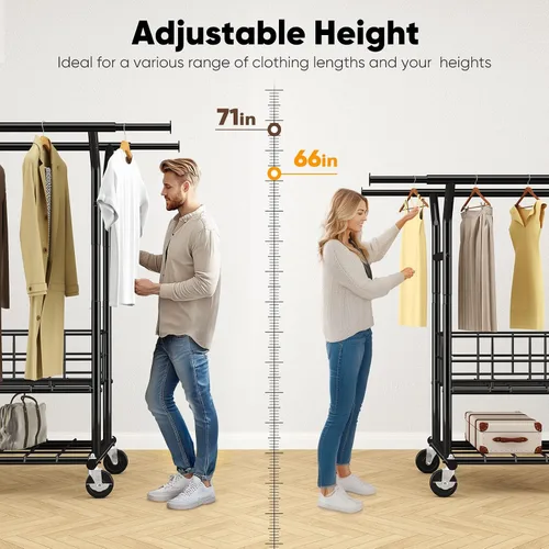 Miniatura 5 de HOKEEPER Perchero resistente con carga de 635 libras, perchero para colgar ropa, barra doble ajustable negra con cesta de metal, perchero portátil