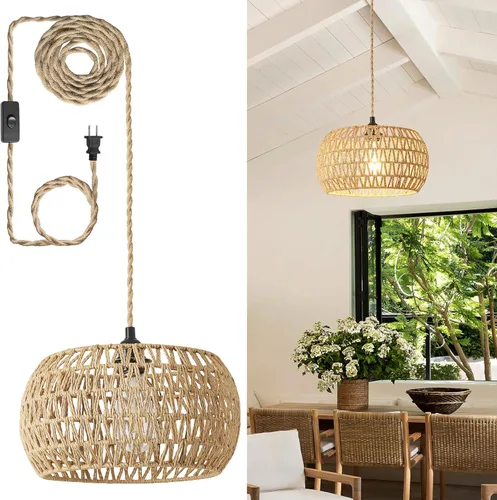 Miniatura 8 de Lámpara colgante de ratán, luces colgantes bohemias, cable de enchufe, luz colgante de ratán, enchufe en la pared, interruptor de encendido/apagado