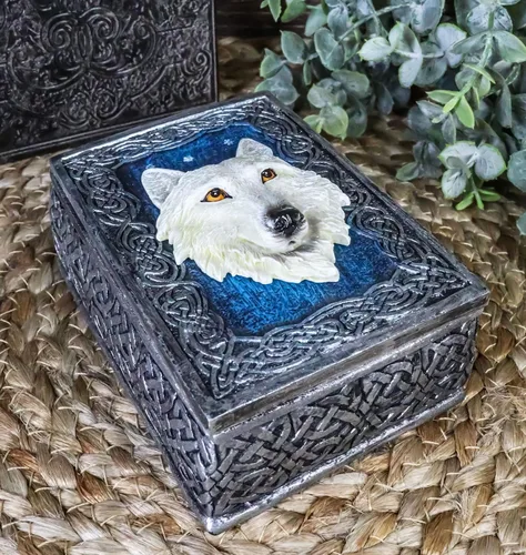 Miniatura 6 de Ebros Gift Figura decorativa rectangular de lobo alfa de noche estrellada azul celta como recuerdo, almacenamiento de joyas, decoración de lobos