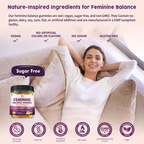 Miniatura 6 de Feminine Balance - Gomitas probióticas para mujeres, apoyan la salud vaginal, el equilibrio del pH, la frescura y la salud digestiva, con piña, olmo