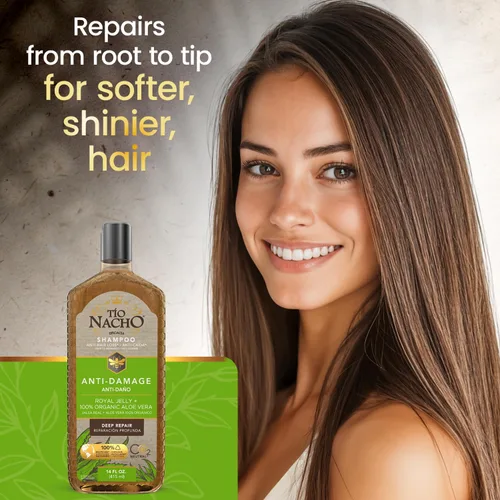 Miniatura 3 de Champú Tío Nacho Aloe Vera con jalea real y queratina, champú sin sulfato para cabello seco y dañado, tratamiento capilar de puntas abiertas para un