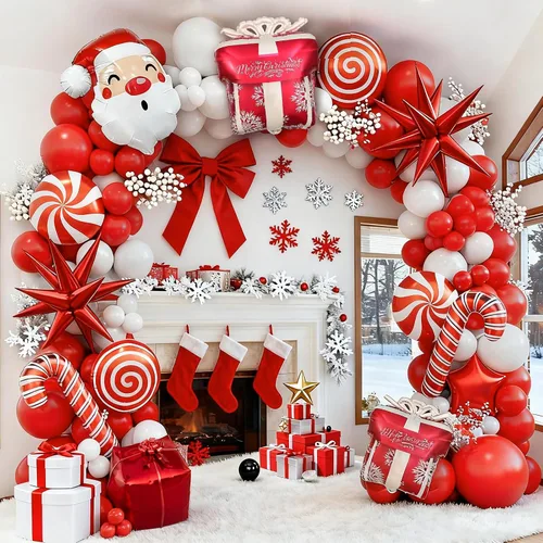 Miniatura 2 de Kit de guirnalda de globos de Navidad en forma de arco con globos rojos y blancos, caramelo, bastón, estrella, estrella de explosión, caja