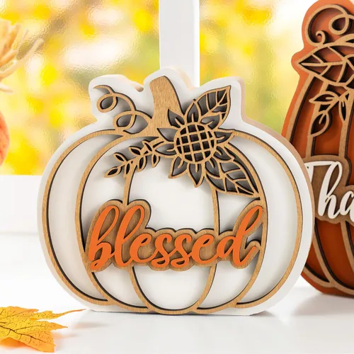 Miniatura 6 de Glitzhome Juego de 2 decoraciones de calabaza de madera de Acción de Gracias (6 pulgadas y 8 pulgadas de alto) – Decoración de mesa de granja