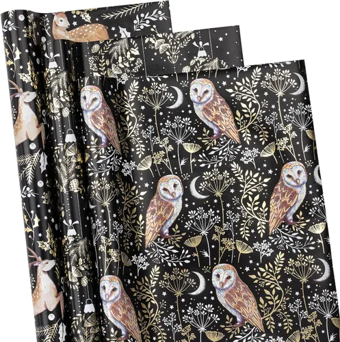 Miniatura 10 de RUSPEPA Juego de papel de regalo de Navidad negro y dorado, mini rollo, papel de regalo navideño con lámina dorada con árbol, copo de nieve y diseño