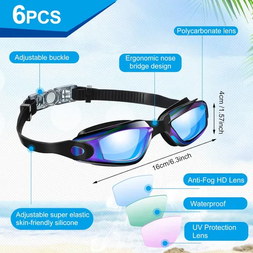 Miniatura 2 de Flutesan Paquete de 6 gafas de natación para adultos, antiniebla, con tapones para los oídos, clip para la nariz, sin fugas, protección completa