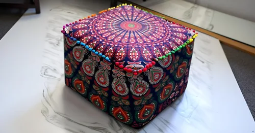 Miniatura 33 de CRAFT KALA Funda de puf tradicional de retazos cuadrados indios, funda para puf de sala de estar india, diseño otomano, decoración otomana, Elefante