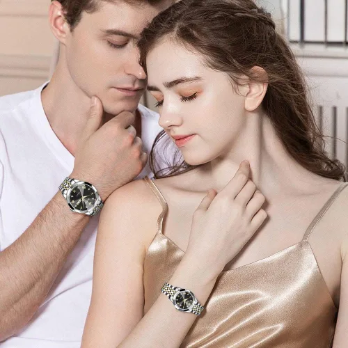 Miniatura 10 de OLEVS Reloj para parejas para él y ella, reloj analógico de cuarzo para hombres y mujeres, de acero inoxidable, impermeable, luminoso, fecha, reloj