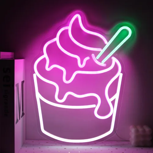 Miniatura 4 de Letrero de neón de helado rosa y blanco Sundae, luces LED de neón, letreros de cupcake de neón para decoración de pared de negocios, letreros LED